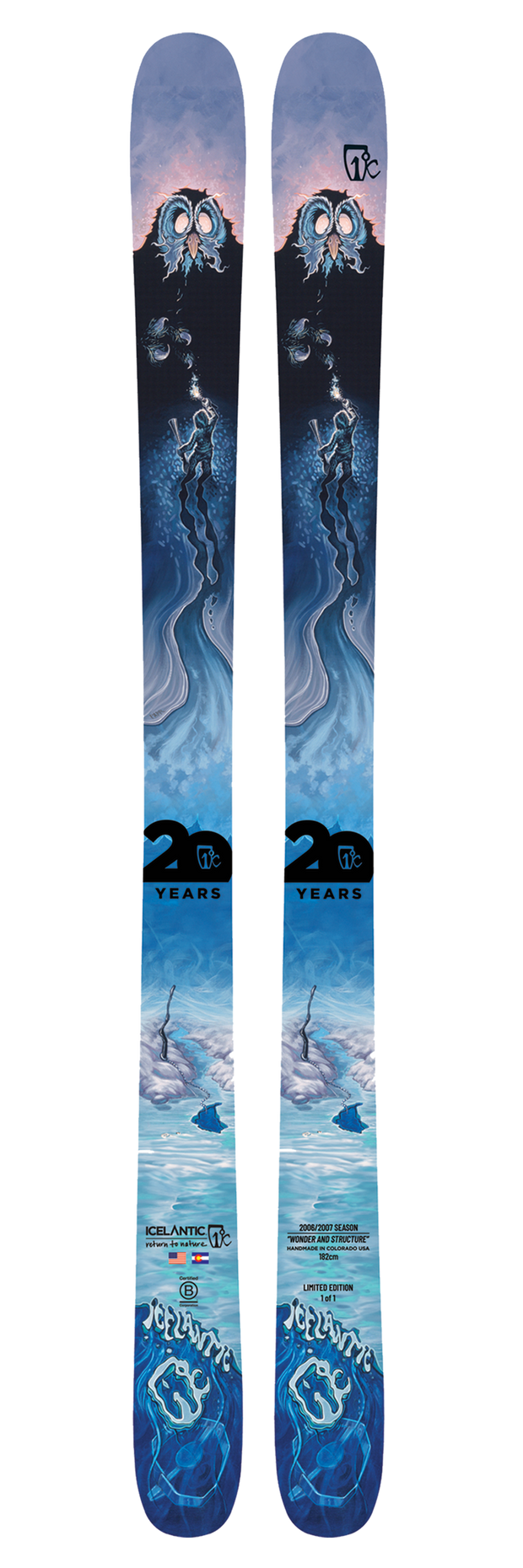 Introducing the Icelantic 20 Yr 06/07 Nomad 106: this all-mountain ski showcases a striking blue and pink mountain landscape design, with cloud formations and a skull with flowing hair at the top. Celebrating Icelantic's 20th Anniversary, the lower section displays “20 Years” and various brand logos. Built on the renowned Nomad 106 platform, it delivers performance as impressive as its bold graphics.