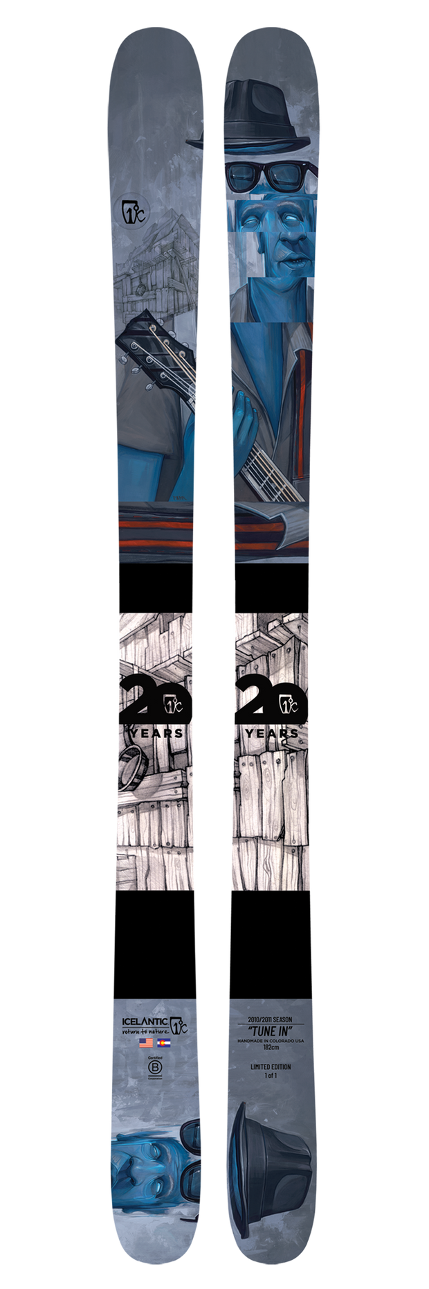 A pair of Icelantic 20 Yr 10/11 Nomad 106 all-mountain skis, showcasing blue-toned artwork that depicts a person wearing sunglasses and a hat holding a guitar, set against abstract cityscape elements with a monochrome face featured at the bottom.