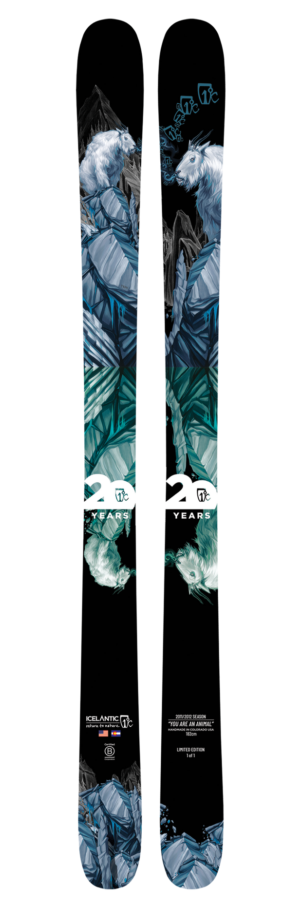 A pair of Icelantic 20 Yr 11/12 Nomad 106 all-mountain skis featuring an illustrated design with a white mountain goat, blue geometric shapes, snow, and "20 years" text. These limited edition skis display distinctive Icelantic branding.