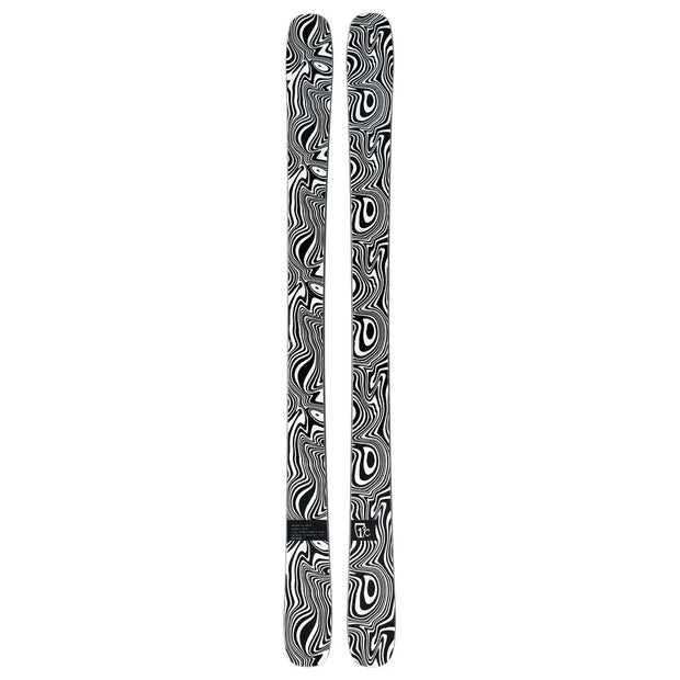A pair of Icelantic Skis Torrent 96 Proto, featuring a bold black and white wavy abstract pattern across their entire surface, positioned side by side on a white background.