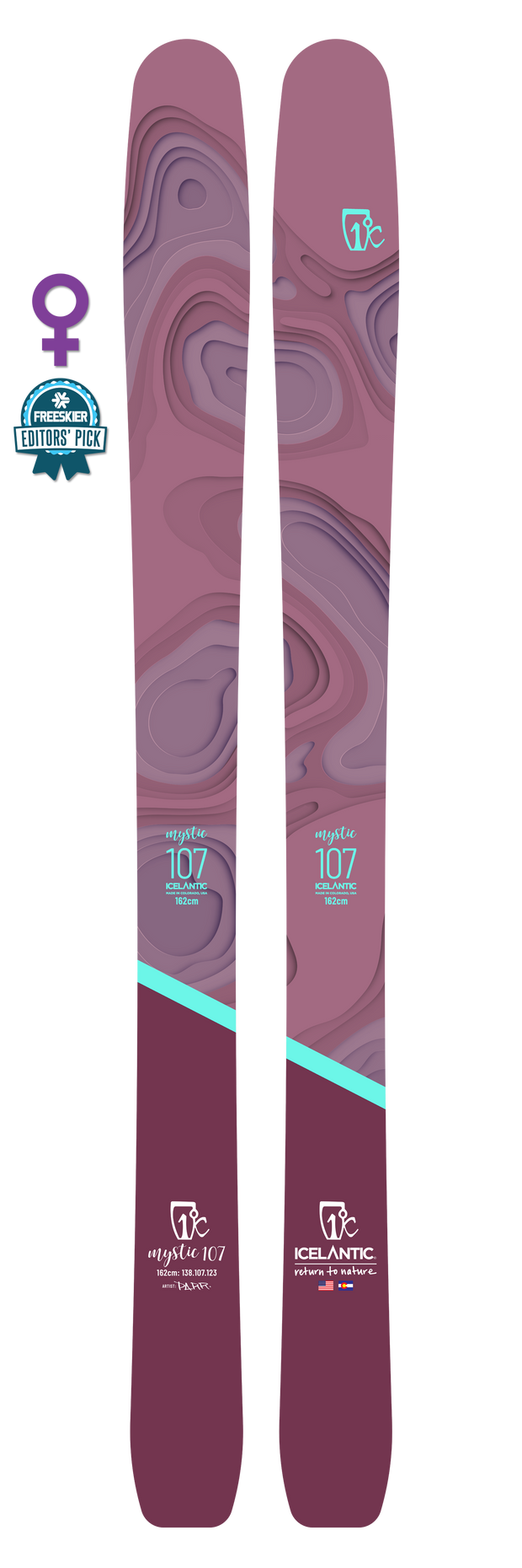 A pair of purple Icelantic 22/23 Mystic 107 skis with abstract wavy patterns, featuring a lightweight backcountry design, a female symbol, and an Editors Pick badge on the left side.