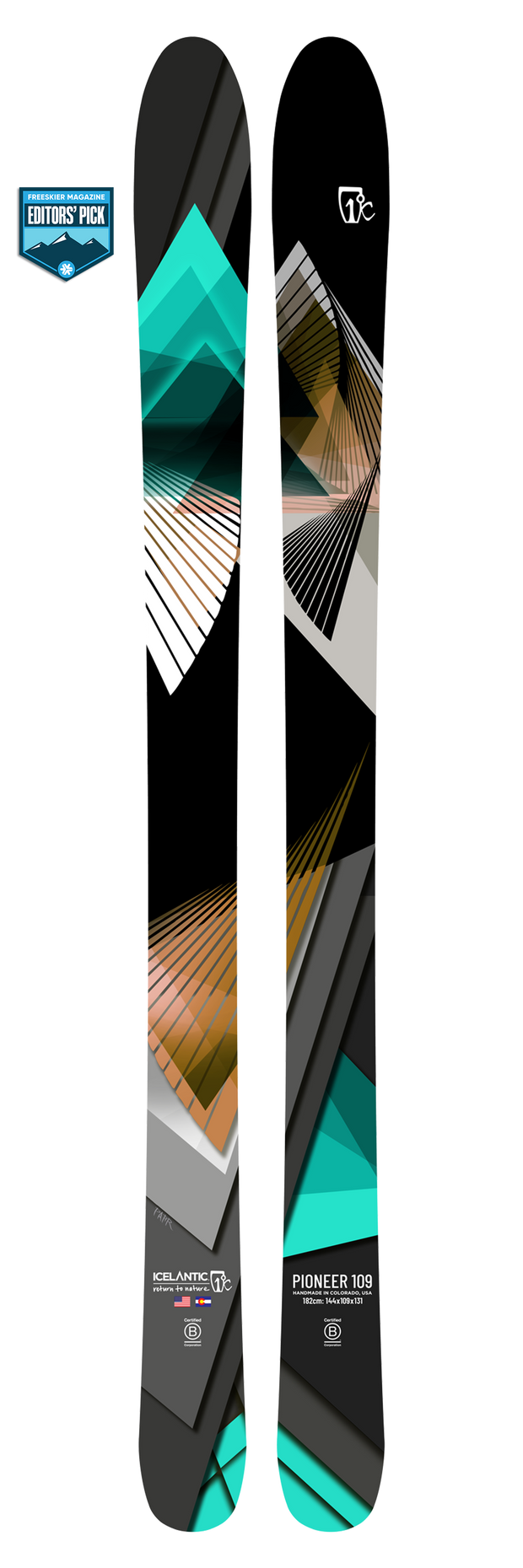 Introducing the Icelantic 25/26 Pioneer 109, a pair of all-mountain skis handmade in Colorado. These skis showcase geometric patterns in teal, white, gold, and black, with "Pioneer 109" displayed near the base. A blue Editors Pick badge is featured in the upper left corner.