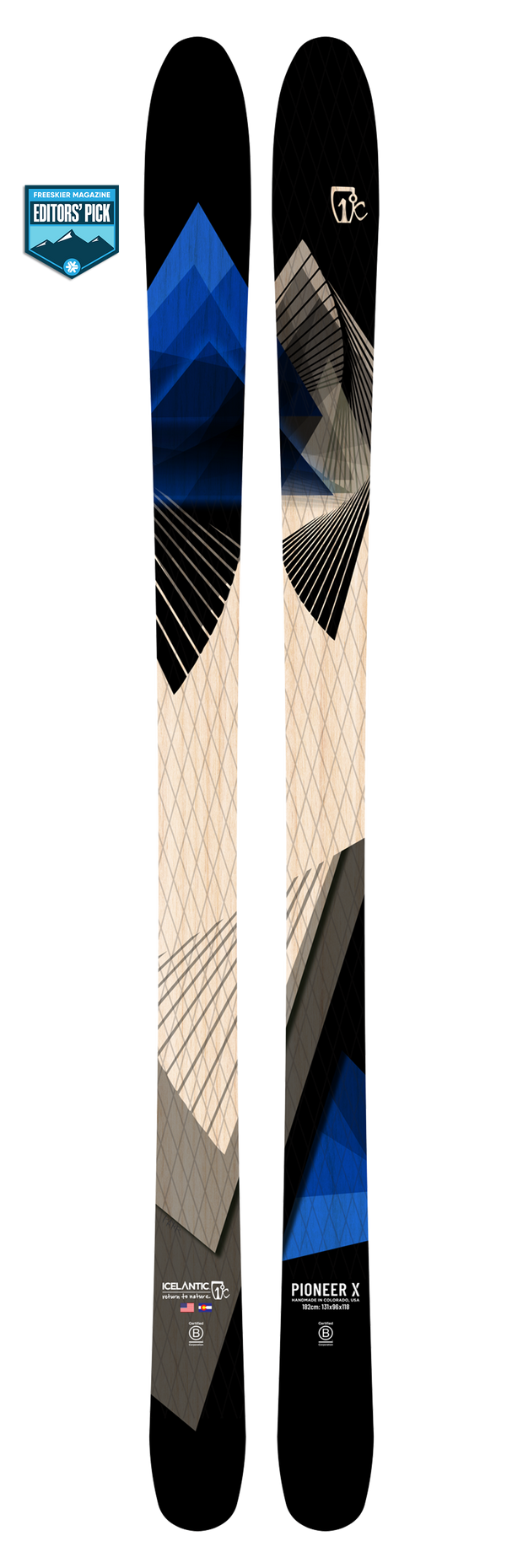 The Icelantic 25/26 Pioneer 96 X all-mountain skis feature geometric blue, black, and beige patterns with a grid design and are displayed vertically, marked with an Editors Pick badge in the top left corner.
