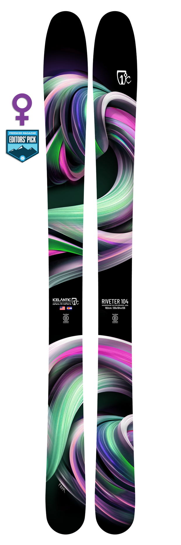 A pair of handmade all-mountain skis from Icelantic, the 25/26 Riveter 104, features swirling green, purple, pink, and white abstract designs. The skis are made in Colorado and are labeled with an “Editors’ Pick” badge and a female symbol.