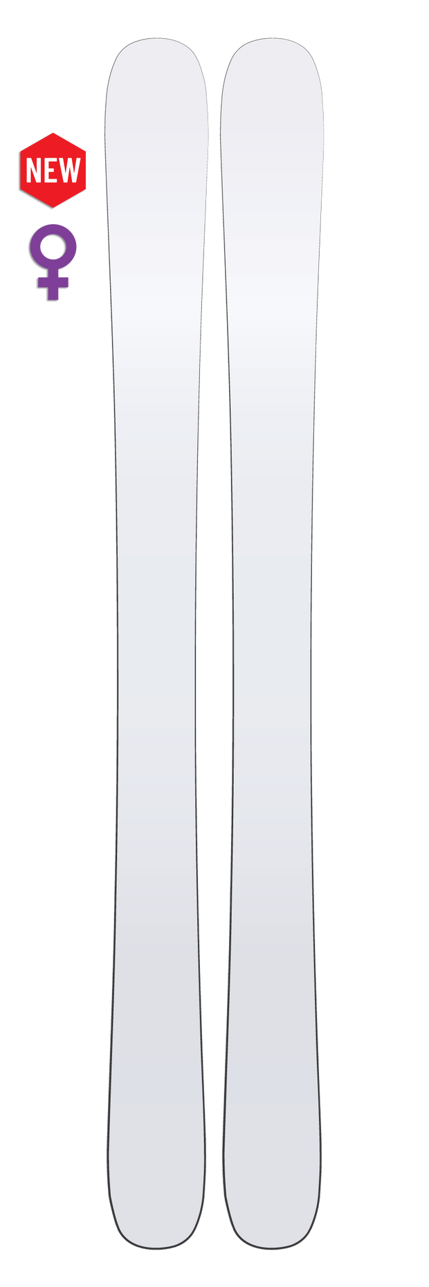 Two white skis, the Icelantic Whiteout Maiden 102, are shown side by side. A red NEW label and a purple female gender symbol appear to the left of the skis, indicating they are a new women's ski from Icelantic's Whiteout Collection.