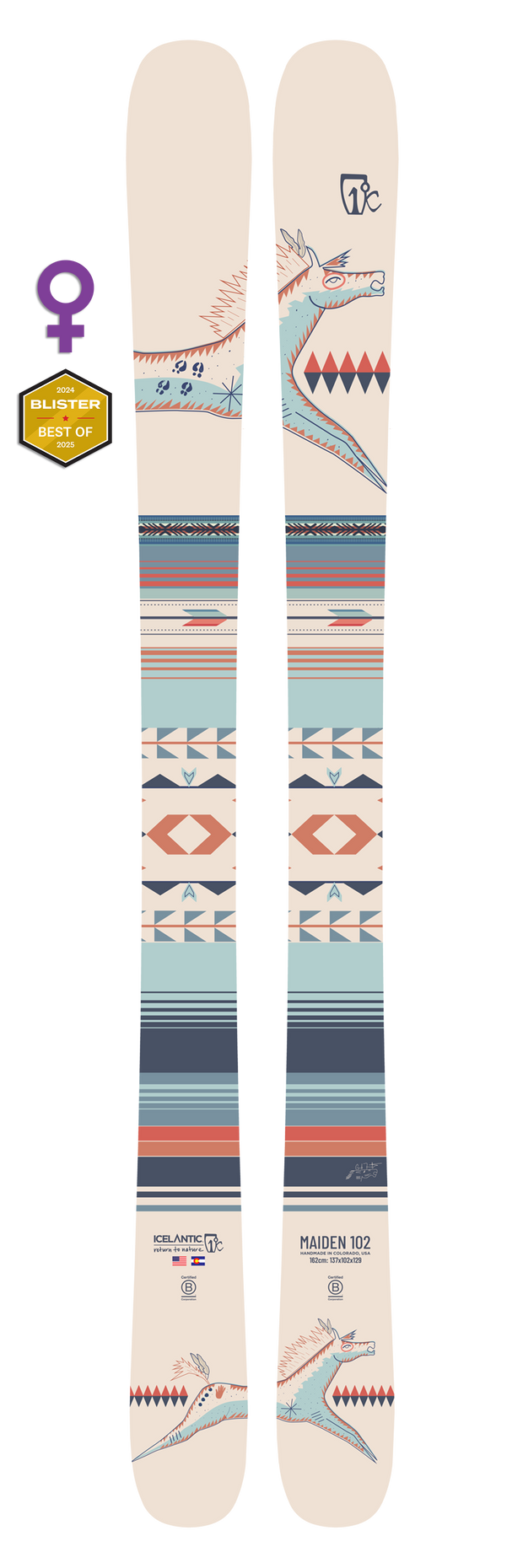 The Icelantic 25/26 Maiden 102 skis, from the Freeride Collection, feature Native American-inspired geometric patterns and a stylized horse design. A purple female symbol indicates these are women’s skis, and a gold Blister Best Of badge is displayed on the left.