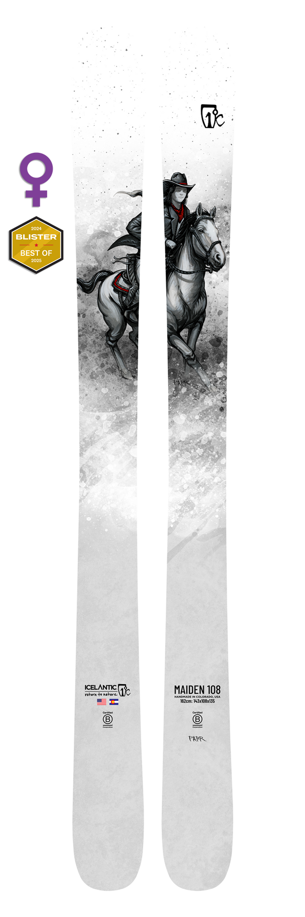 A pair of 25/26 Maiden 108 skis by Icelantic, showcasing artwork of a cowboy riding a horse, a female symbol with a Blister Best Of badge, and distinctive branding—expertly handmade in Colorado and set against a snowy white background.