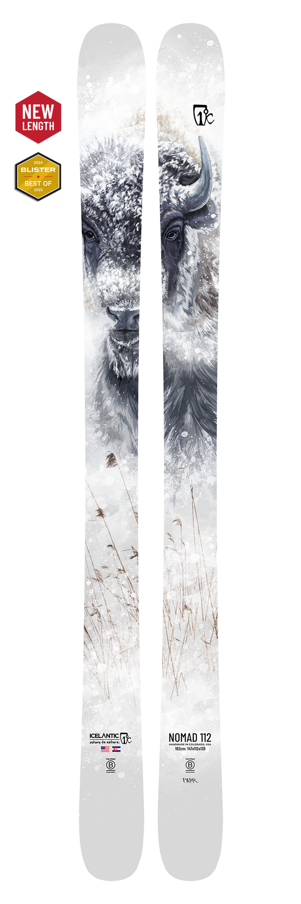 Introducing the 25/26 Nomad 112 by Icelantic—a pair of white big-mountain freeride skis handmade in Colorado. Each ski showcases an illustration of a snow-covered bison amid snowy grass, with “NOMAD 112” inscribed on the topsheet. Badges highlight a “NEW LENGTH” and “Blister Best Of,” reflecting both innovation and award-winning performance, all crafted to deliver superior quality on every run.