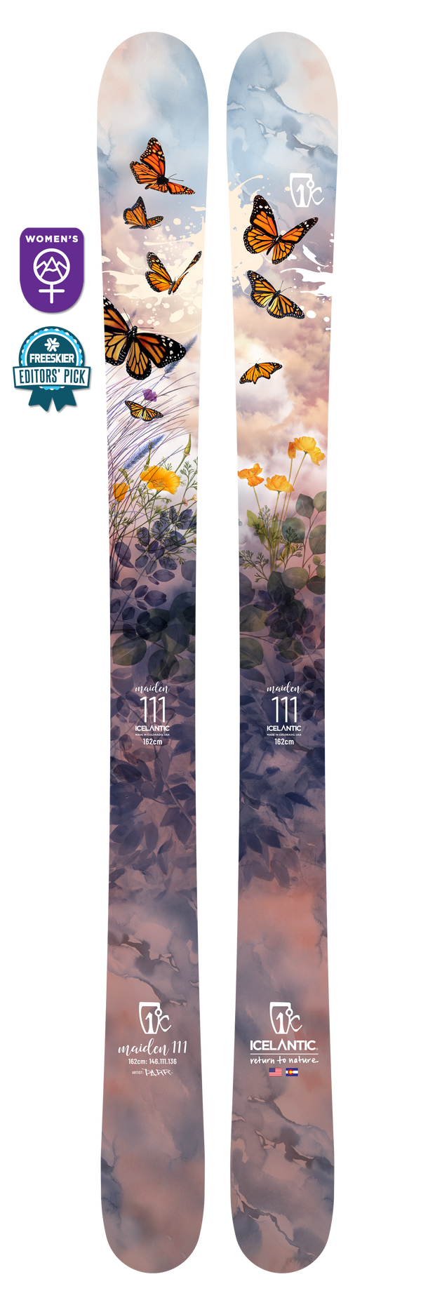 The Icelantic 22/23 Maiden 111 is a women’s freeride ski with an artistic design of orange butterflies, yellow flowers, rocks, and a cloudy sky. Recognized as an editor’s pick, it also features a dedicated women’s badge near the skis.