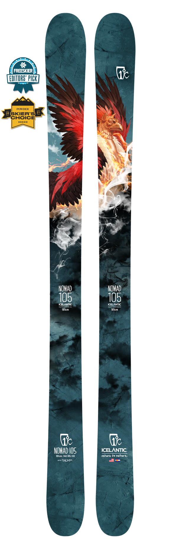 A pair of skis featuring striking artwork of a fiery red and orange phoenix soaring over stormy clouds—these are the Icelantic 22/23 Nomad 105, a standout freeride ski handmade in Colorado. A Freeskier Editors Pick badge is displayed at the top left.