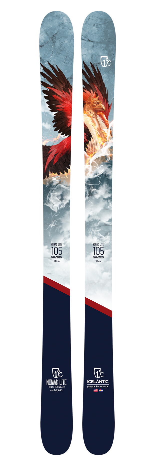 The Icelantic 22/23 Nomad Lite skis showcase a striking illustration of a red and orange phoenix with outstretched wings, soaring against a cloudy sky backdrop. Engineered as an ultra-light freeride ski, they're ideal for backcountry touring pursuits. The graphics feature the text "Nomad Lite 105" and "Icelantic" near the base.