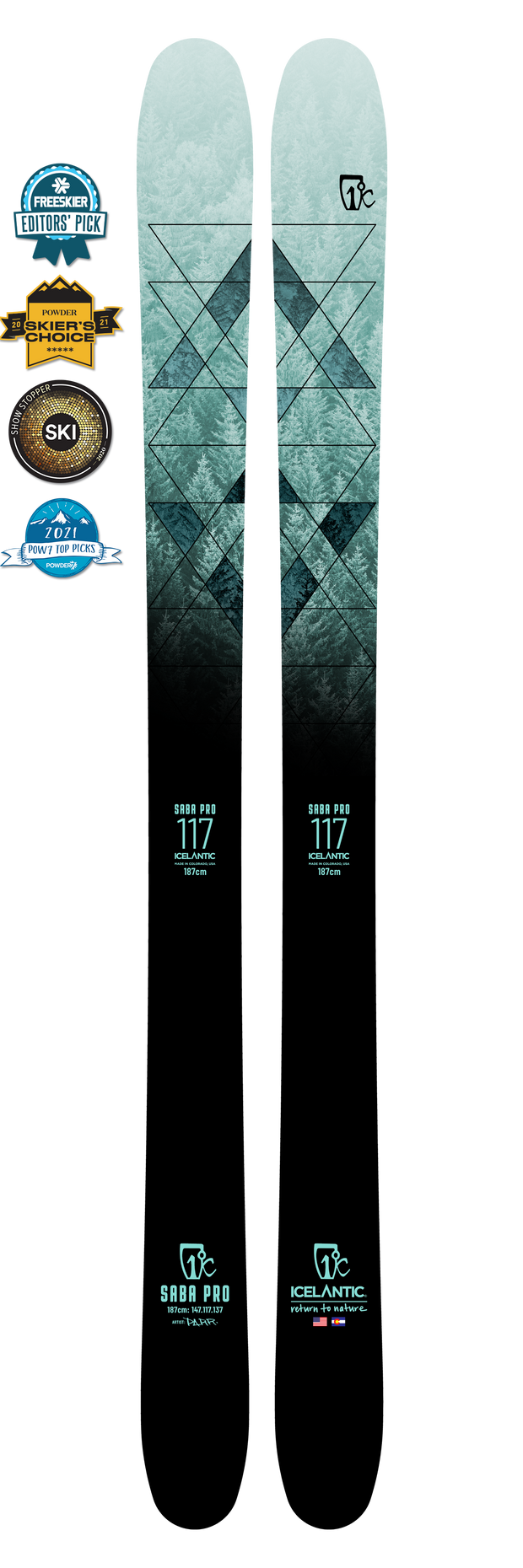 A pair of Icelantic 22/23 Saba Pro 117 skis featuring a blue gradient and triangle pattern are displayed alongside three award badges, showcasing editor’s picks and ski awards. These handmade skis incorporate Icelantic’s innovative Reflective Rocker technology, delivering exceptional performance across diverse terrain.