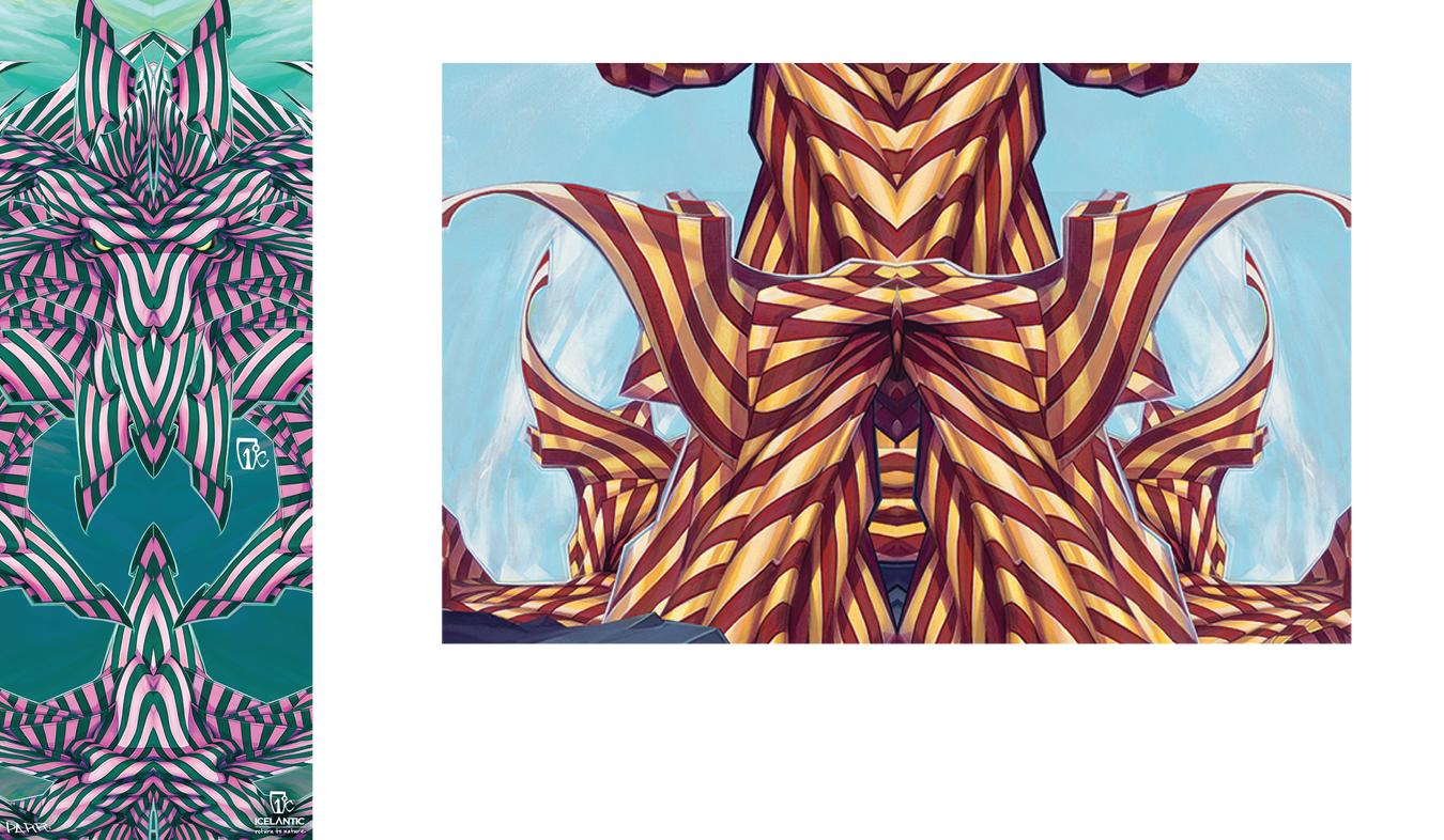 Two abstract artworks: left features teal, pink, and black geometric shapes; right shows yellow and brown striped, mirrored structures with a blue sky background. Both are vibrant and symmetrical.