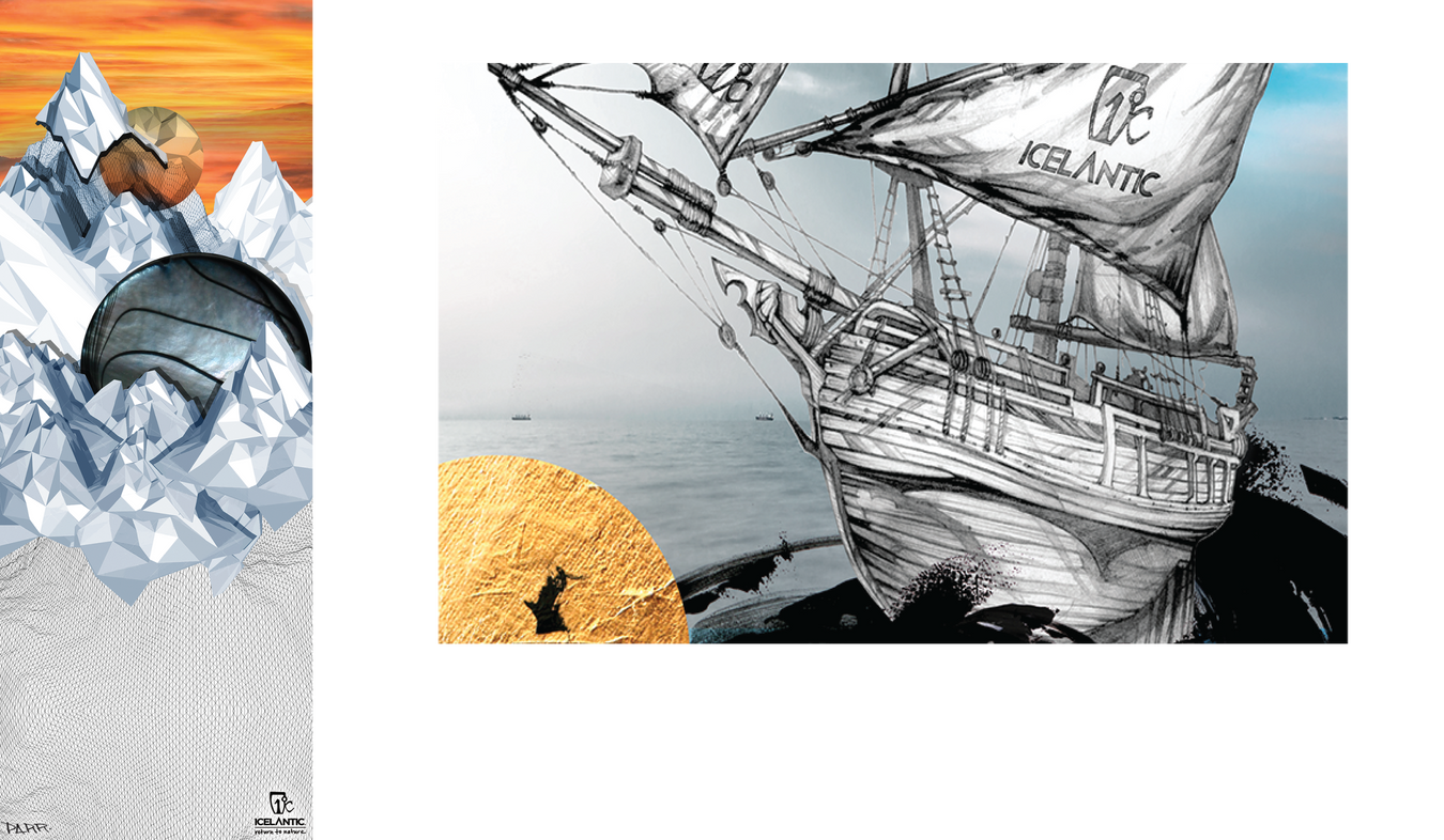 A digital collage with a polygonal mountain, a basketball, and a ship labeled Icelantic sailing near a yellow circle with a small silhouette of a person.