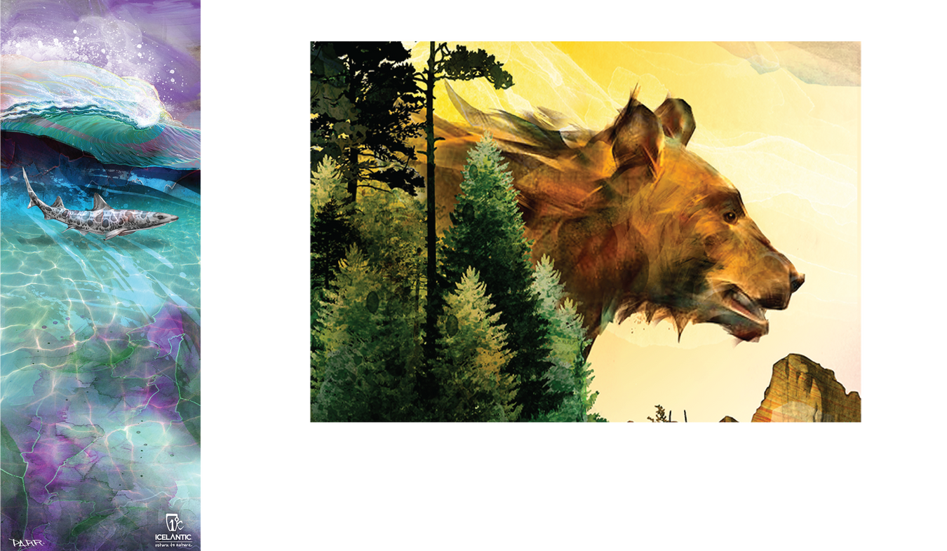 A digital artwork shows a large bears head blended with a forest, with trees merging into the animals fur. On the left, an abstract ocean with a shark and waves in vibrant blues and purples.