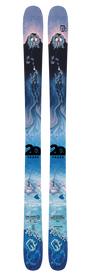 Introducing the Icelantic 20 Yr 06/07 Nomad 106: this all-mountain ski showcases a striking blue and pink mountain landscape design, with cloud formations and a skull with flowing hair at the top. Celebrating Icelantic's 20th Anniversary, the lower section displays “20 Years” and various brand logos. Built on the renowned Nomad 106 platform, it delivers performance as impressive as its bold graphics.