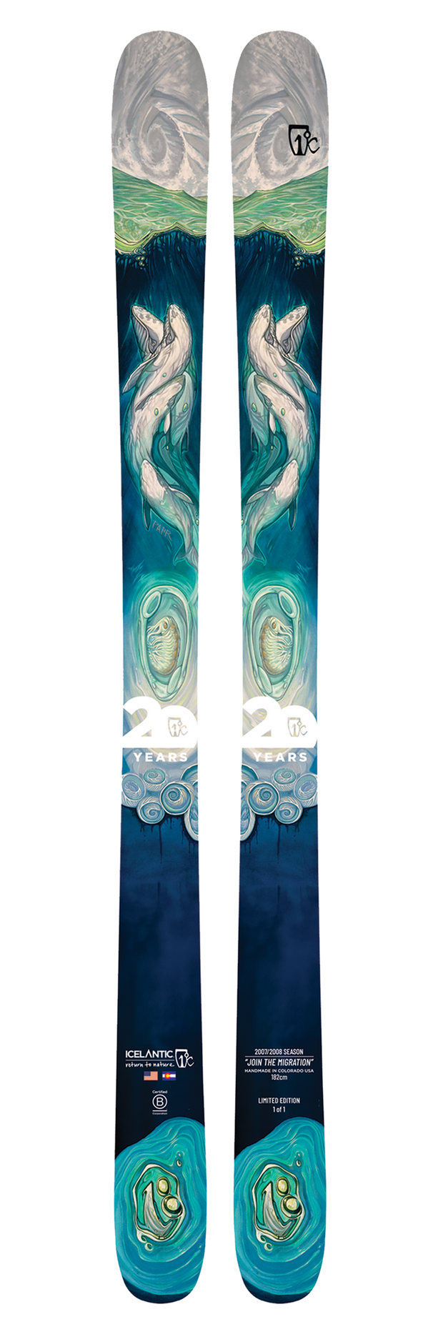 A pair of Icelantic 20 Yr 07/08 Nomad 106 all-mountain skis adorned with artistic designs of two white whales swimming among stylized ocean waves and swirling blue and green patterns.