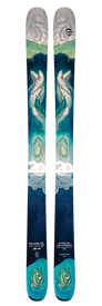 A pair of Icelantic 20 Yr 07/08 Nomad 106 all-mountain skis adorned with artistic designs of two white whales swimming among stylized ocean waves and swirling blue and green patterns.