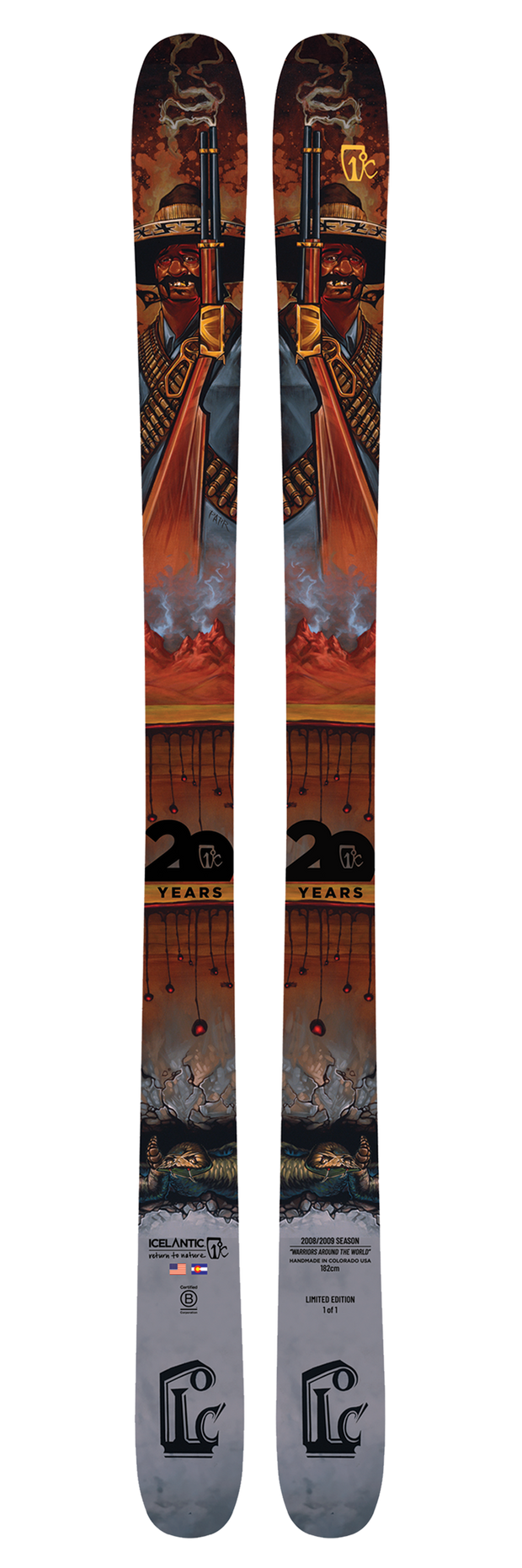 Sure! Here’s a revised version of the sentence using your product data: A pair of Icelantic 20 Yr 08/09 Nomad 106 skis adorned with vibrant, detailed artwork featuring a sword, chains, mountains, and the text "20 Years" and "Limited Edition." The bold colors and intricate patterns perfectly embody the spirit of these all-mountain skis.