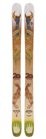 A pair of Icelantic 20 Yr 09/10 Nomad 106 all-mountain skis featuring a vibrant design with a snake winding around a staff, animal paws at the base, and special "20 years" anniversary marking for this limited edition release.