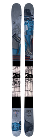 A pair of Icelantic 20 Yr 10/11 Nomad 106 all-mountain skis, showcasing blue-toned artwork that depicts a person wearing sunglasses and a hat holding a guitar, set against abstract cityscape elements with a monochrome face featured at the bottom.