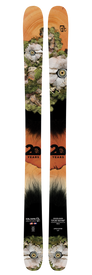 The Icelantic 20 Yr 13/14 Nomad 106 all-mountain skis showcase a surreal graphic with rocks, green moss, and a single yellow eye on each ski against an orange and black background. The design also includes "20 YEARS" text and the 17c logo.