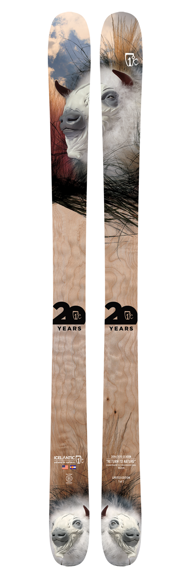 A pair of Icelantic 20 Yr 14/15 Nomad 106 skis featuring artwork of a white mountain goat’s face with dark horns set against abstract earthy and sky-colored backgrounds, accompanied by the text “20 YEARS” and “Icelantic.” This all-mountain freeride ski celebrates two decades of Icelantic craftsmanship.