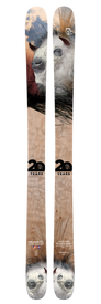 A pair of Icelantic 20 Yr 14/15 Nomad 106 skis featuring artwork of a white mountain goat’s face with dark horns set against abstract earthy and sky-colored backgrounds, accompanied by the text “20 YEARS” and “Icelantic.” This all-mountain freeride ski celebrates two decades of Icelantic craftsmanship.