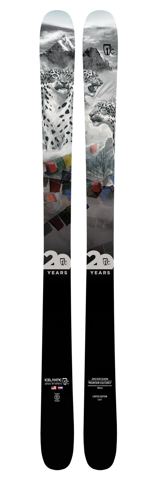 A pair of Icelantic 20 Yr 15/16 Nomad 106 all-mountain skis featuring artwork of snow leopards, snowy mountains, and colorful geometric shapes, with "20 years" and the Icelantic 20th Anniversary logo displayed near the bottom.