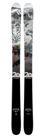 A pair of Icelantic 20 Yr 15/16 Nomad 106 all-mountain skis featuring artwork of snow leopards, snowy mountains, and colorful geometric shapes, with "20 years" and the Icelantic 20th Anniversary logo displayed near the bottom.