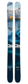 Introducing the 20 Yr 16/17 Nomad 106 from Icelantic—a pair of all-mountain skis featuring vibrant blue and orange brushstrokes with a snowy mountain landscape and rocky terrain artwork. Adorned with the Icelantic logo and “20 years” text, these skis are part of the exclusive Icelantic Top 20 Collection, celebrating the adventurous spirit of the Nomad 106.