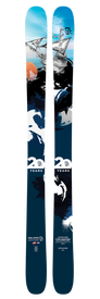 A pair of Icelantic 20 Yr 17/18 Nomad 106 skis in blue, featuring sailing ship and ocean wave artwork with a special white "20 years" graphic, and text reading “ICELANTIC SKIS CELEBRATION LIMITED EDITION.” This all-mountain ski combines eye-catching design with versatile performance.