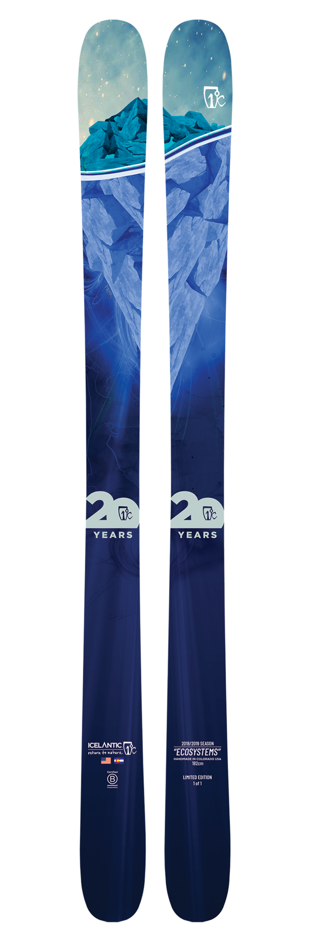 A pair of Icelantic 20 Yr 18/19 Nomad 106 all-mountain skis in blue, featuring an underwater iceberg graphic and special "20th Anniversary" limited edition and ecosystem text details.