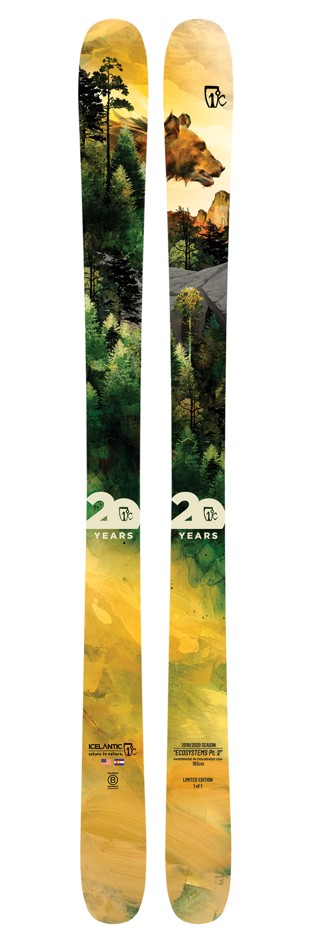 A pair of Icelantic 20 Yr 19/20 Nomad 106 skis featuring bear and forest artwork in green, yellow, and brown tones. Near the base, the “20 Years” emblem, Icelantic logo, and limited edition markings highlight this exclusive all-mountain ski design.