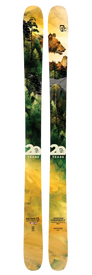 A pair of Icelantic 20 Yr 19/20 Nomad 106 skis featuring bear and forest artwork in green, yellow, and brown tones. Near the base, the “20 Years” emblem, Icelantic logo, and limited edition markings highlight this exclusive all-mountain ski design.
