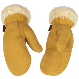 A pair of Kinco Suede Lined Mittens by Icelantic, featuring mustard yellow deerskin suede with soft white cuffs, displayed on a white background.