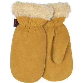 A pair of Kinco Suede Lined Mittens by Icelantic, featuring tan suede exteriors and cream-colored, fluffy shearling lining around the cuffs, displayed against a white background.