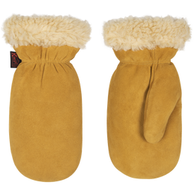 A pair of Kinco Suede Lined Mittens by Icelantic, featuring tan suede with cream-colored fleece lining, displayed from the front and back on a white background.