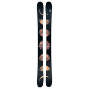 A pair of Icelantic Skis Maiden 102, black in color, featuring a vertical graphic of the moon in its various phases along the length of each ski.