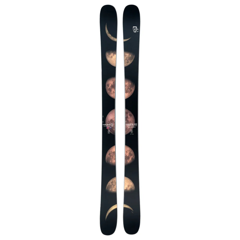 A pair of Icelantic Skis Maiden 102, black in color, featuring a vertical graphic of the moon in its various phases along the length of each ski.