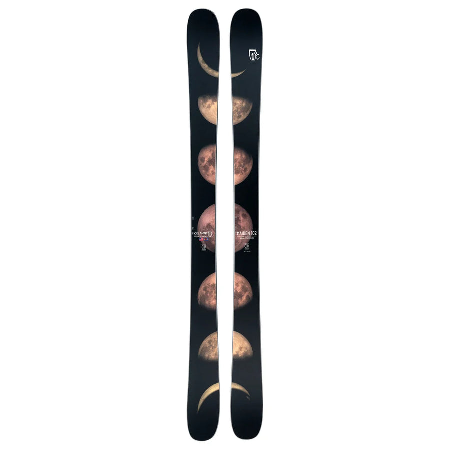 A pair of Icelantic Skis Maiden 102, black in color, featuring a vertical graphic of the moon in its various phases along the length of each ski.