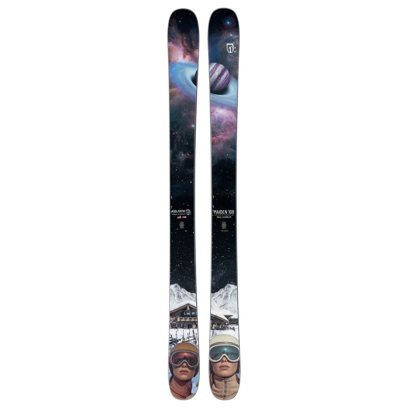 The Icelantic Skis Maiden 108 features artwork of two people in ski goggles, a snowy mountain lodge, and a vibrant cosmic scene with planets and colorful nebulae above.