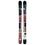 The Icelantic Skis Maiden 94 features a cosmic-inspired design with a prominent image of Saturn and its rings, star patterns, and geometric shapes in maroon, black, and beige tones.
