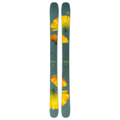 Introducing the Icelantic Skis Tempest 100: a pair of green all-mountain skis adorned with bold yellow and orange ginkgo leaf designs on the topsheet, expertly crafted with a poplar and birch wood core for enhanced responsiveness.