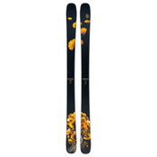 A pair of Icelantic Skis Tempest 88 black skis featuring a pattern of yellow-orange flowers and leaves arranged near the tips and bases, gradually fading toward the center.
