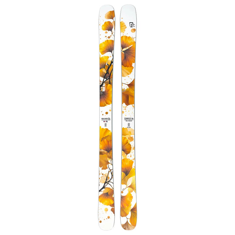 A pair of Icelantic Skis Tempest 94, featuring bold orange and yellow floral patterns with subtle black accents on a white base. The skis are displayed side by side against a plain white background.