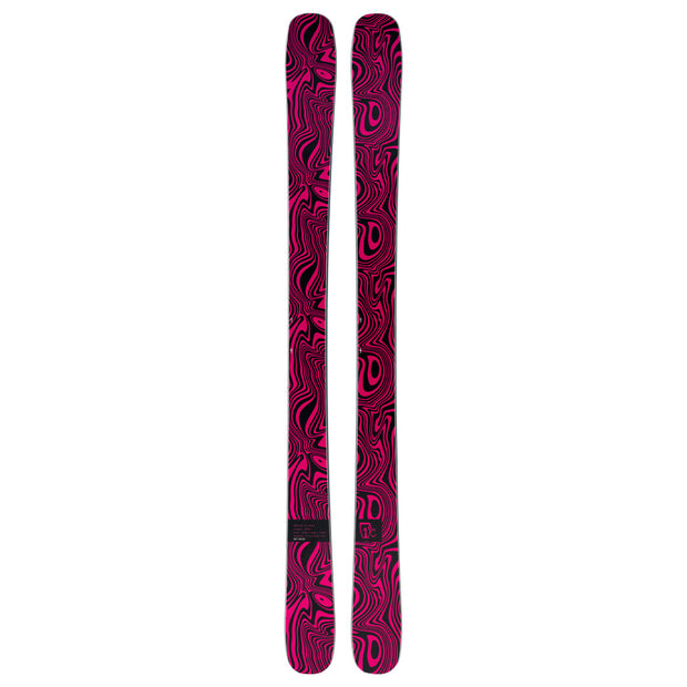 A pair of Icelantic Skis Tempest 94 Proto women’s all-mountain skis, displayed side by side with tips up on a white background, showcases a bold and versatile abstract magenta and black pattern with wavy, swirling lines.