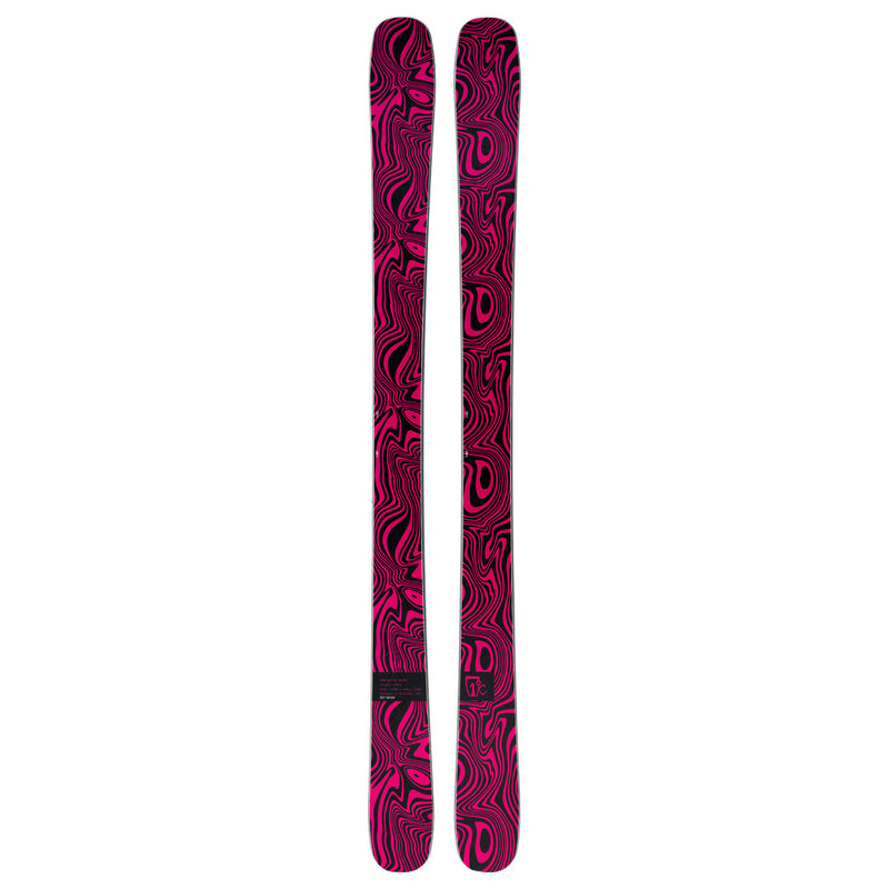 A pair of Icelantic Skis Tempest 94 Proto women’s all-mountain skis, displayed side by side with tips up on a white background, showcases a bold and versatile abstract magenta and black pattern with wavy, swirling lines.
