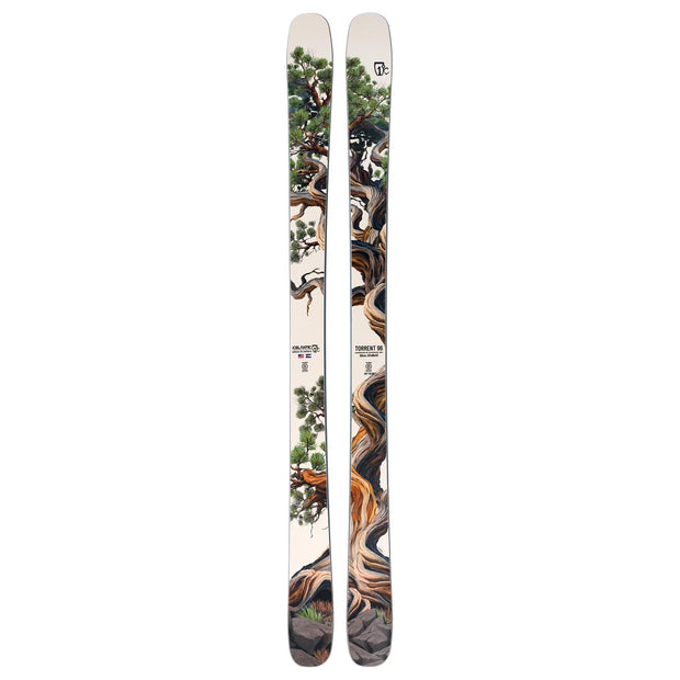 The Icelantic Skis Torrent 96 features artwork of a detailed, twisting tree trunk and vibrant green foliage extending up both skis, set against a light backdrop.