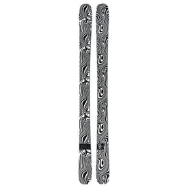 A pair of Icelantic Skis Torrent 96 Proto, featuring a bold black and white wavy abstract pattern across their entire surface, positioned side by side on a white background.